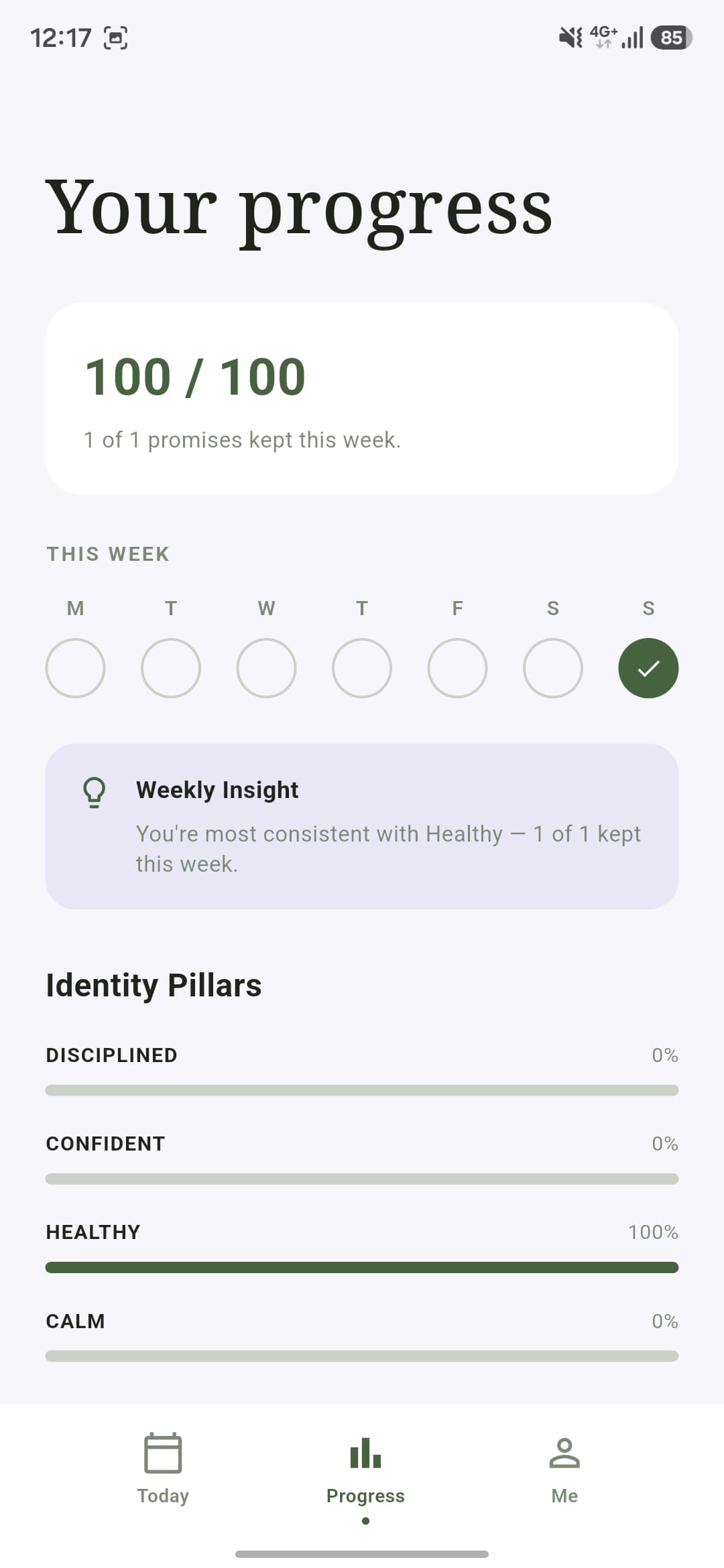 Progress screen showing a weekly streak and identity pillar completion bars