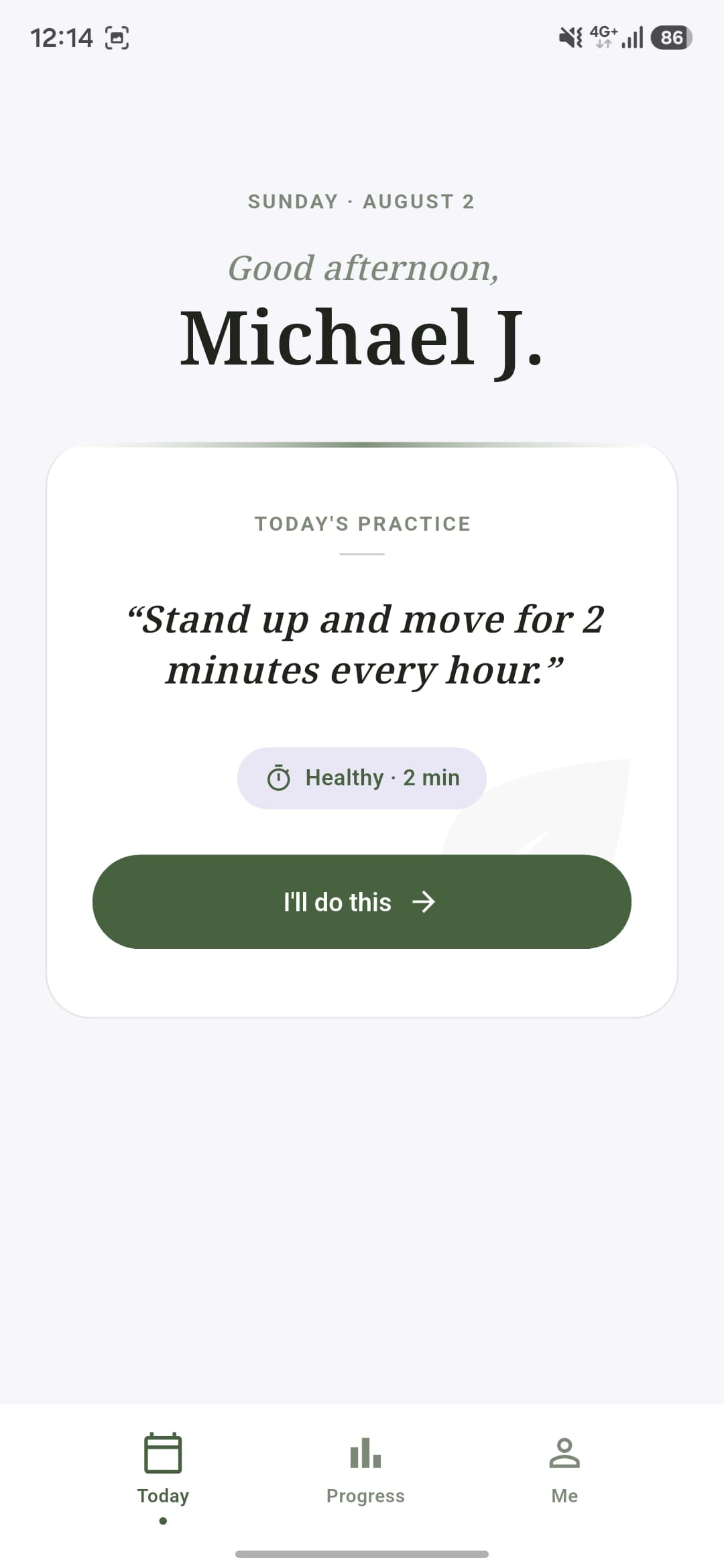 Today's practice screen in the Become app, showing a single daily promise to keep
